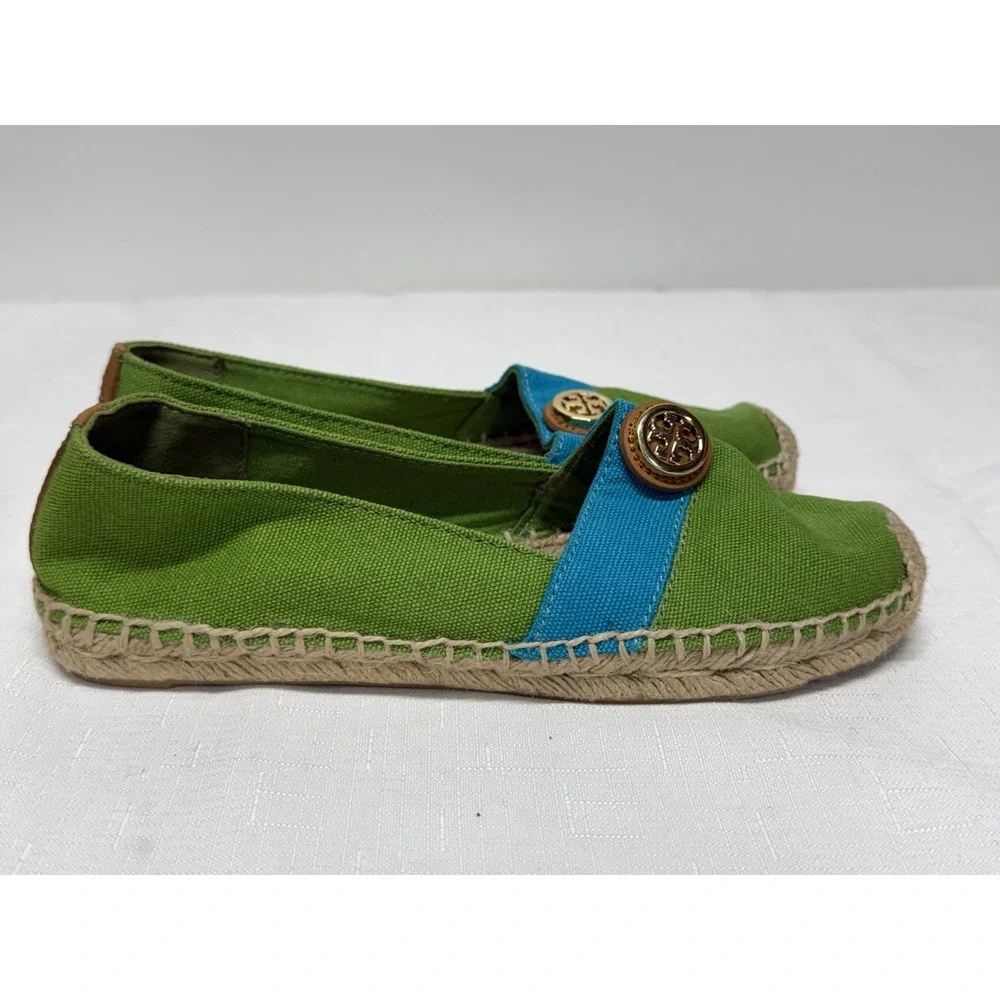 Tory Burch Beacher Espadrille Canvas Flats Womens Size 6 Green/Blue Slip On Shoe